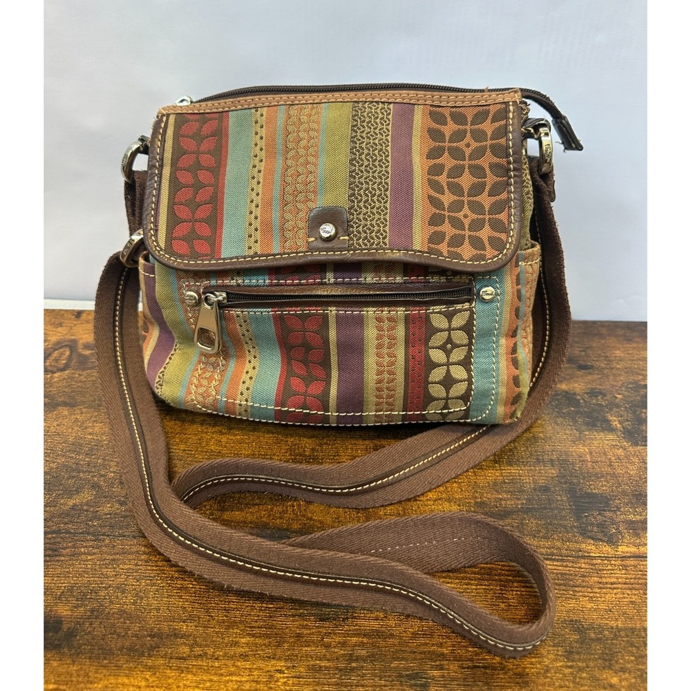 Fossil Patchwork Crossbody Shoulder Bag Canvas Leather Trim Purse Boho Y2K Style - Picture 2 of 16